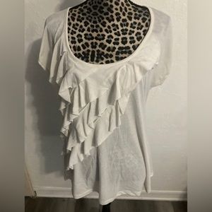 Torrid Top Blouse Size 1 White Asymmetrical Ruffles Cap Sleeves 27L X 21W